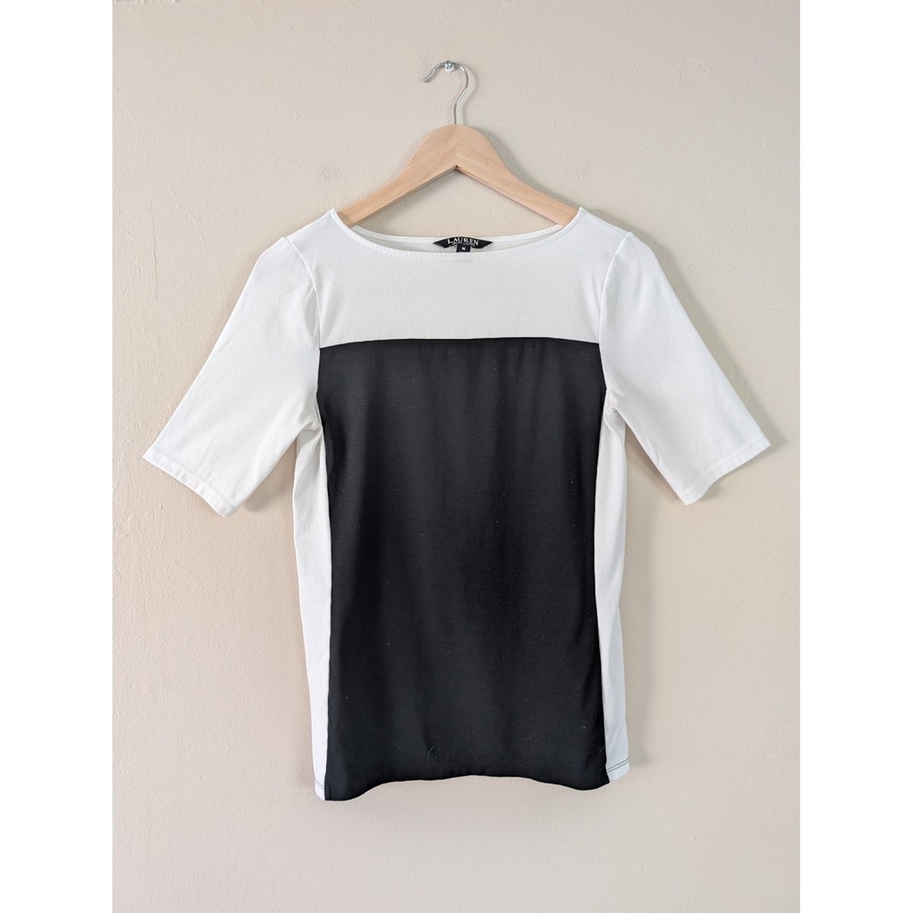 Lauren Ralph‎ Lauren Black White Colorblock Boatneck Top M Minimalist Elevated